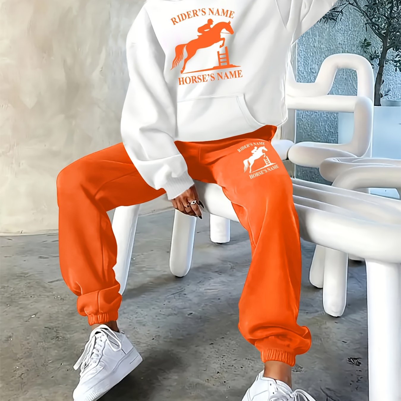 2025 Autumn/Winter New Arrival, Rider and Horse Pattern, Casual Letter Print Loose Warm Long Sleeve Hooded Sweatshirt and Drawstring Pants Women'S Two-Piece Set, Winter Clothing, Casual Wear, Trendy Outfit, Hooded Sweatshirt,