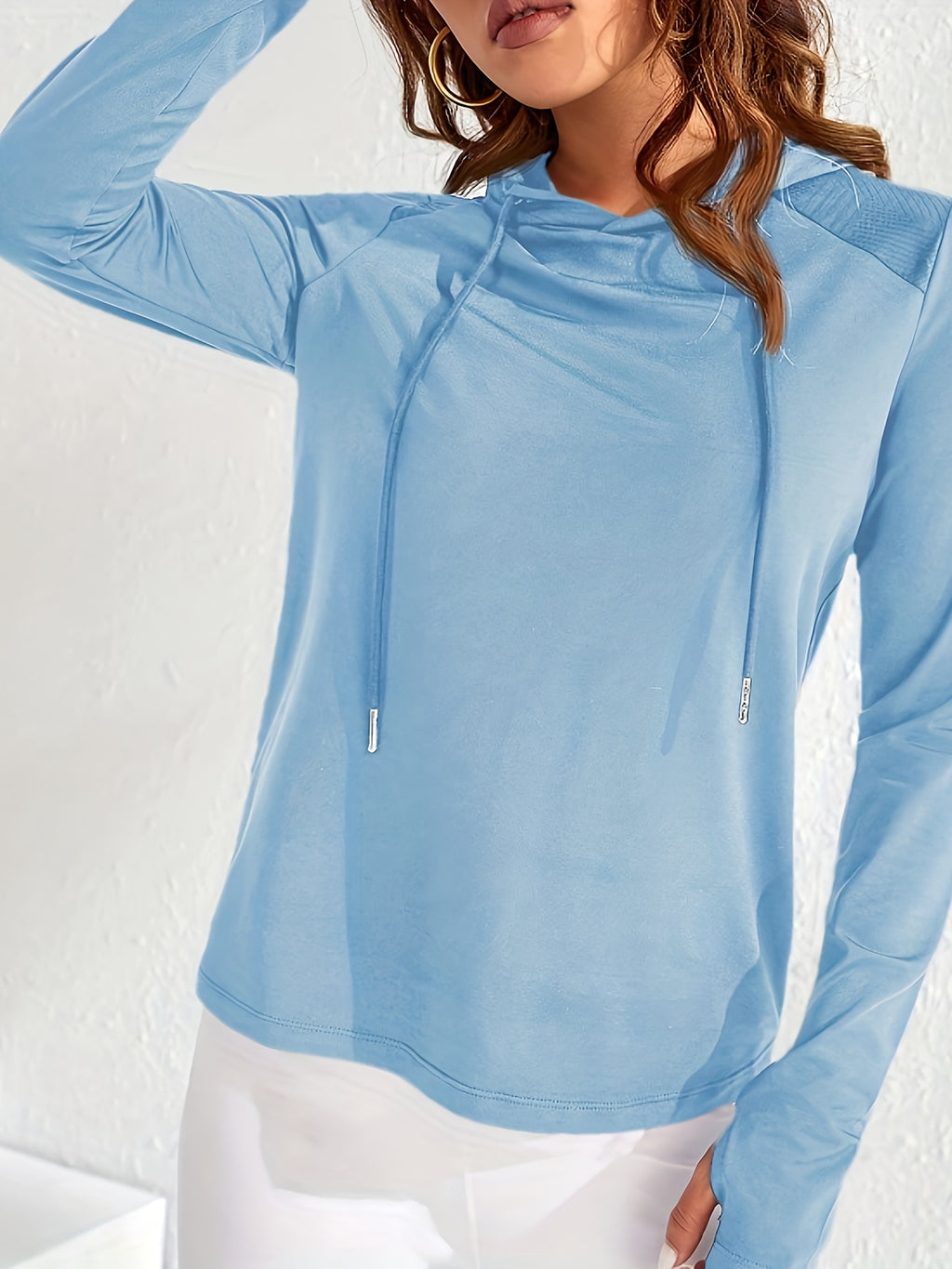 Women'S Light Solid Color Long Sleeve Hooded Sweatshirt - Stretchy Athletic Pullover with Drawstring Hood, All-Season Gym & Casual Wear