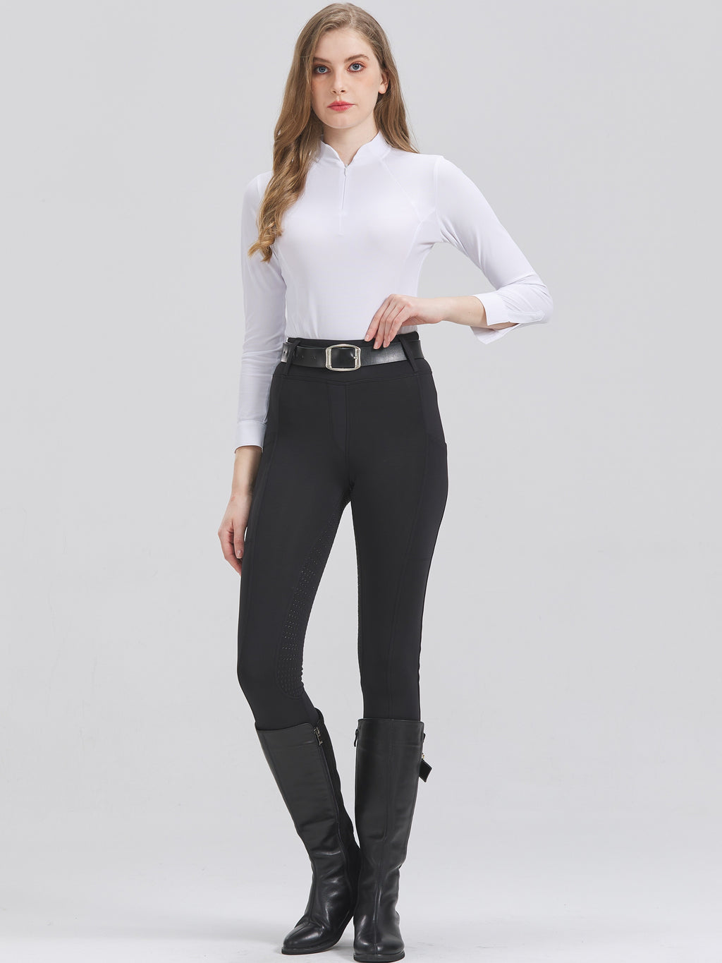 High-Elasticity Brushed Fabric Equestrian Pants with Silicone Grip, All-Season Horse Riding Tights with Pockets, Breathable and Durable