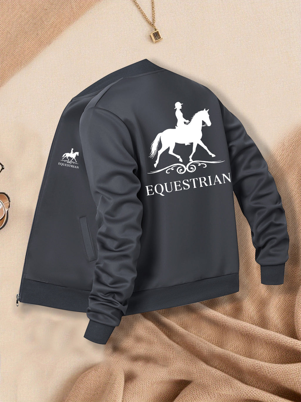 Women's Equestrian Print Casual Jacket - All-Season Comfort with Baseball Collar & Zip-Up Design, Long Sleeve Machine-Washable Coat with Pockets for Outdoor Activities, Equestrian Apparel, Durable Zipper Closure