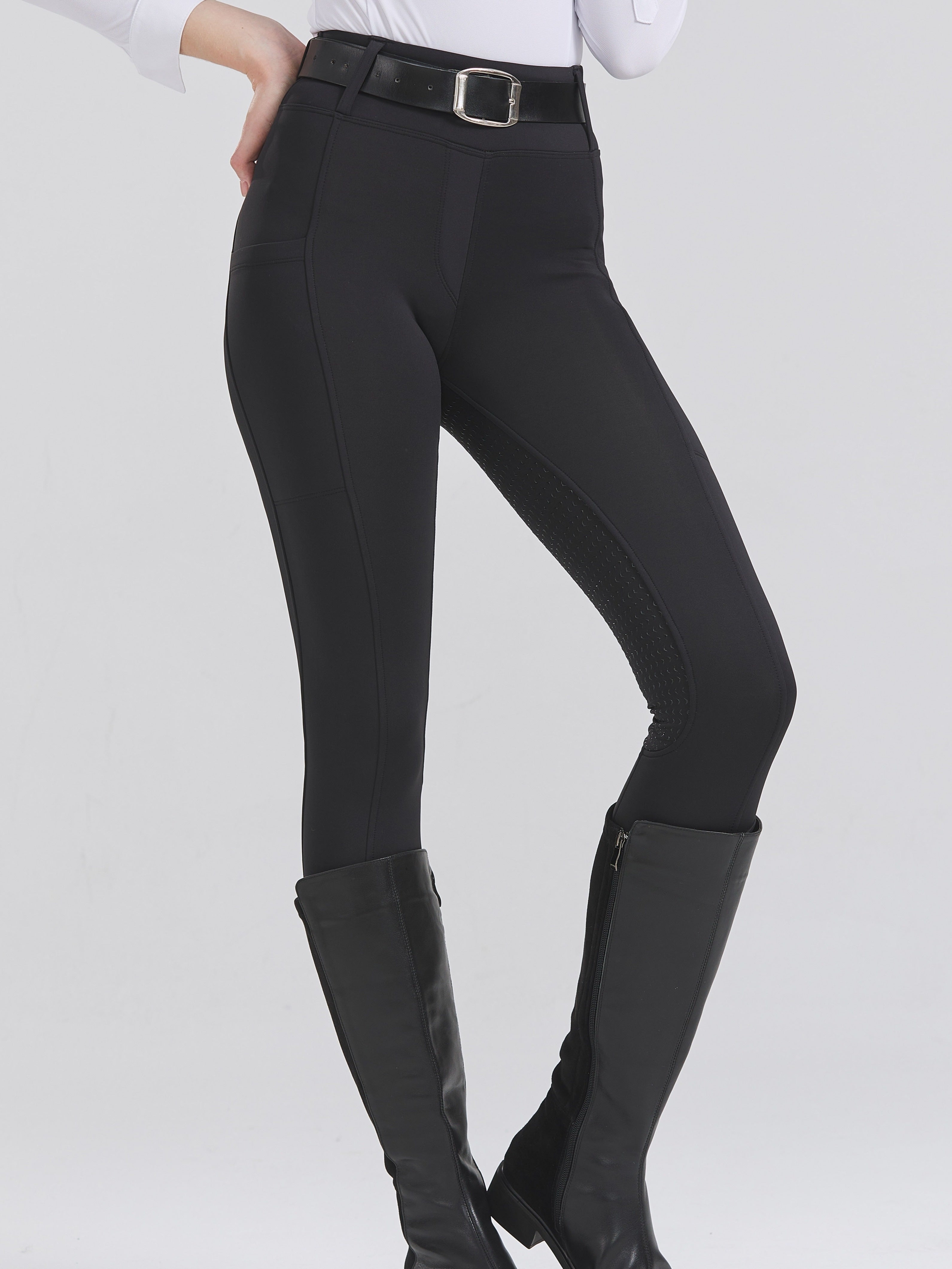 High-Elasticity Brushed Fabric Equestrian Pants with Silicone Grip, All-Season Horse Riding Tights with Pockets, Breathable and Durable