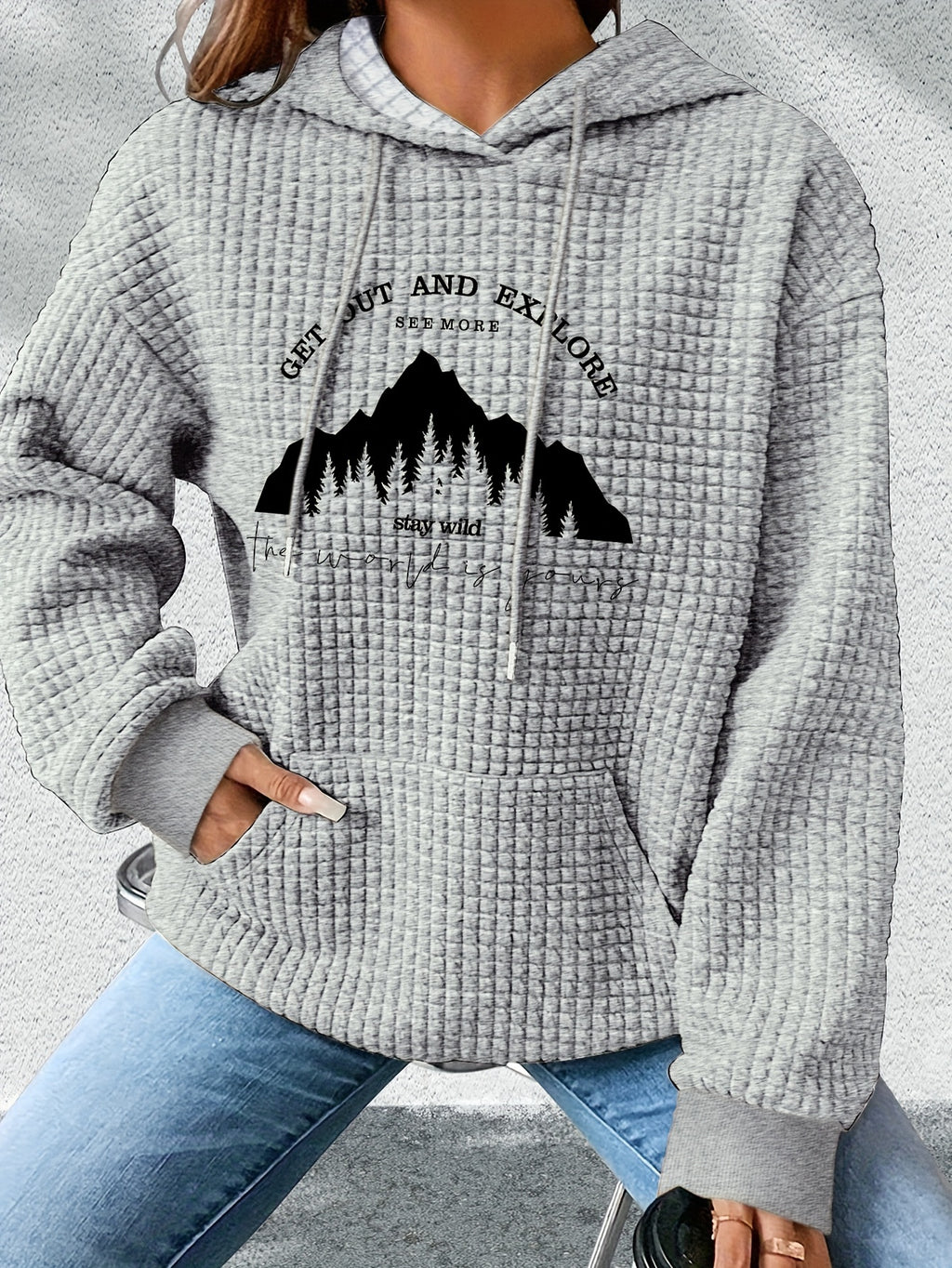 graphic print hoodie, drawstring casual hooded sweatshirt for winter & fall, Women's clothing, Loungewear, Winter Fashion, Urban Style, Geometric Pattern, Cozy Fabric, Quality Stitching, Unisex Style, Printed Hoodie, Women's