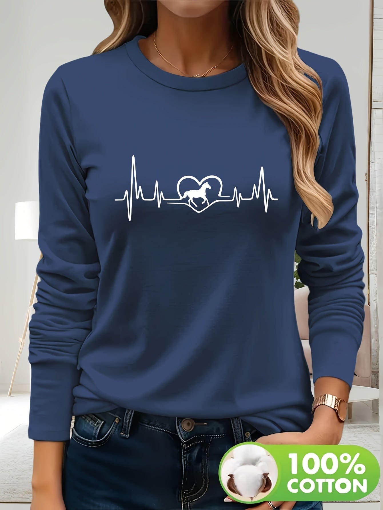 Women's 100% Cotton Long Sleeve T-Shirt - Heartbeat & Galloping Horse Graphic Print, Light Yellow Casual Round Neck Top for Spring/Summer, Machine Washable, Spring Summer Apparel, Unique Graphic Tee, Breathable Fabric, Spring