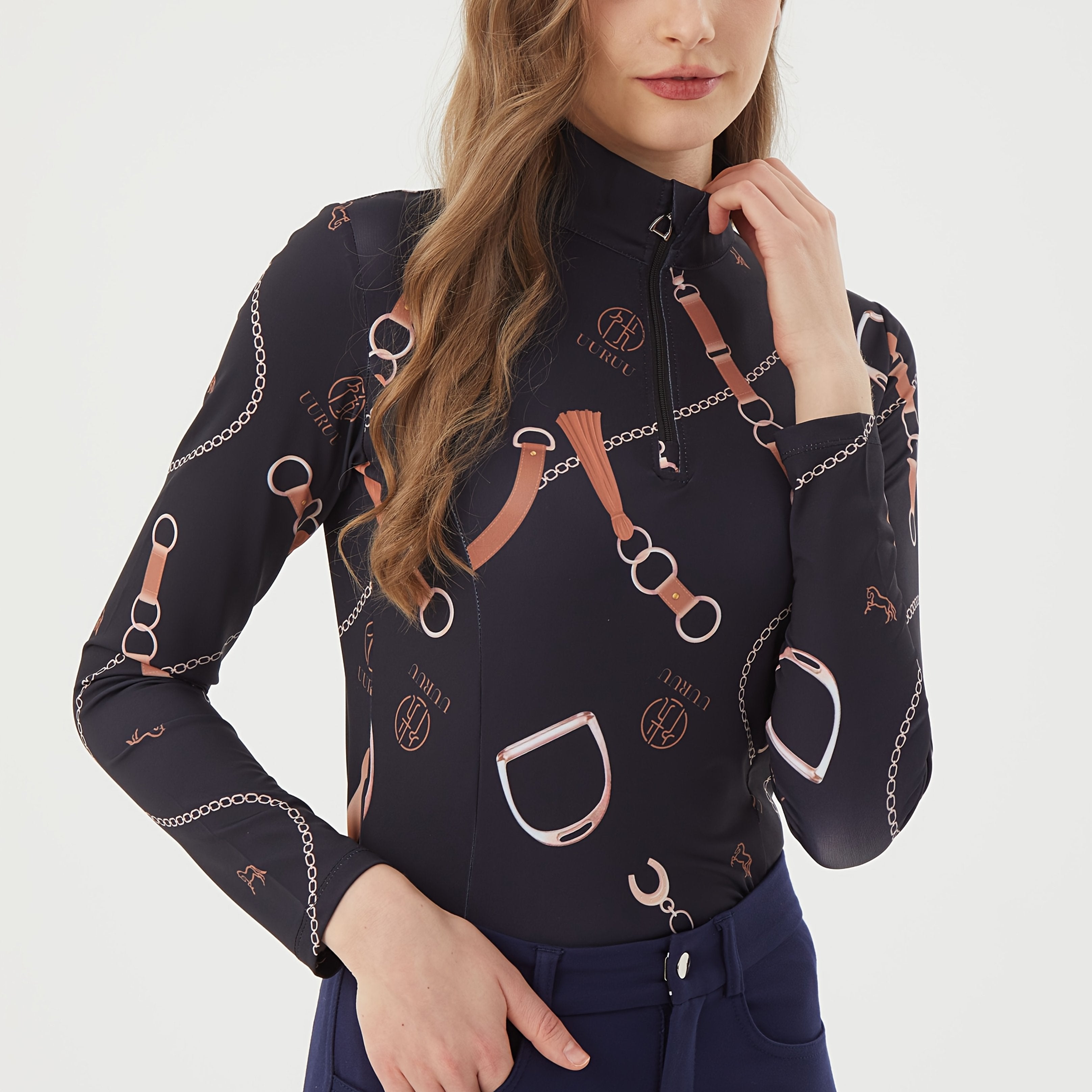 Printed Women's Long Sleeve Equestrian Top, High Stretch Slim Fit Riding Apparel with Contrast Colors and Stand Collar for Horse Competitions - May Have White Stains from Printing