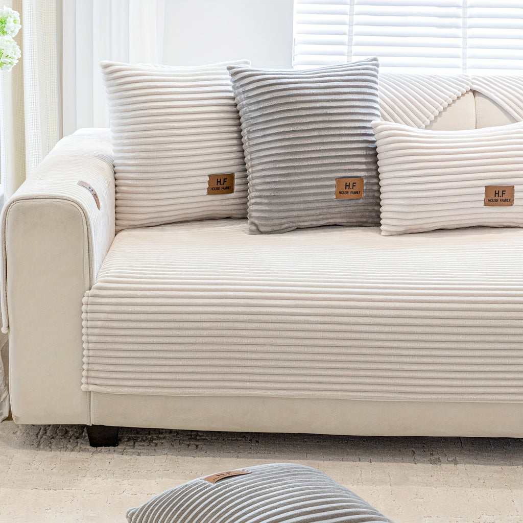 1pc HF Modern Plush Flannel Sofa Cushion Cover - Pet-Friendly Non-Slip Sofa Protector with Striped Design & Leather-Like Patches, Machine Washable Furniture Cover for 3/2/4-Seater, Living Room, Bedroom, Office Decor, Bedroom