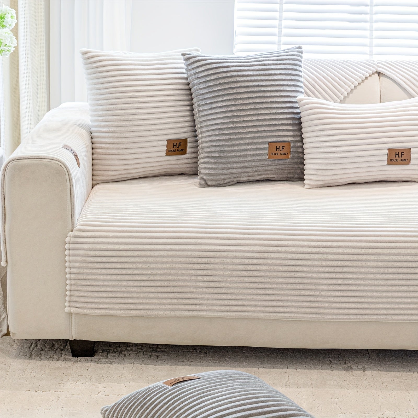 1pc HF Modern Plush Flannel Sofa Cushion Cover - Pet-Friendly Non-Slip Sofa Protector with Striped Design & Leather-Like Patches, Machine Washable Furniture Cover for 3/2/4-Seater, Living Room, Bedroom, Office Decor, Bedroom