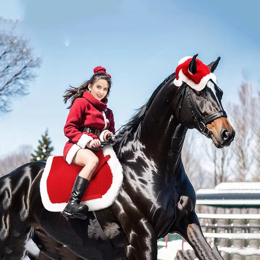Manufacturer's One-Size-Fits-All Christmas Horse Hat Ready-Made Soft Velvet Edge Easy-To-Wear Red for All Horses