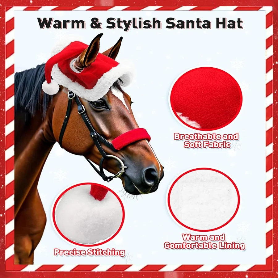 Manufacturer's One-Size-Fits-All Christmas Horse Hat Ready-Made Soft Velvet Edge Easy-To-Wear Red for All Horses