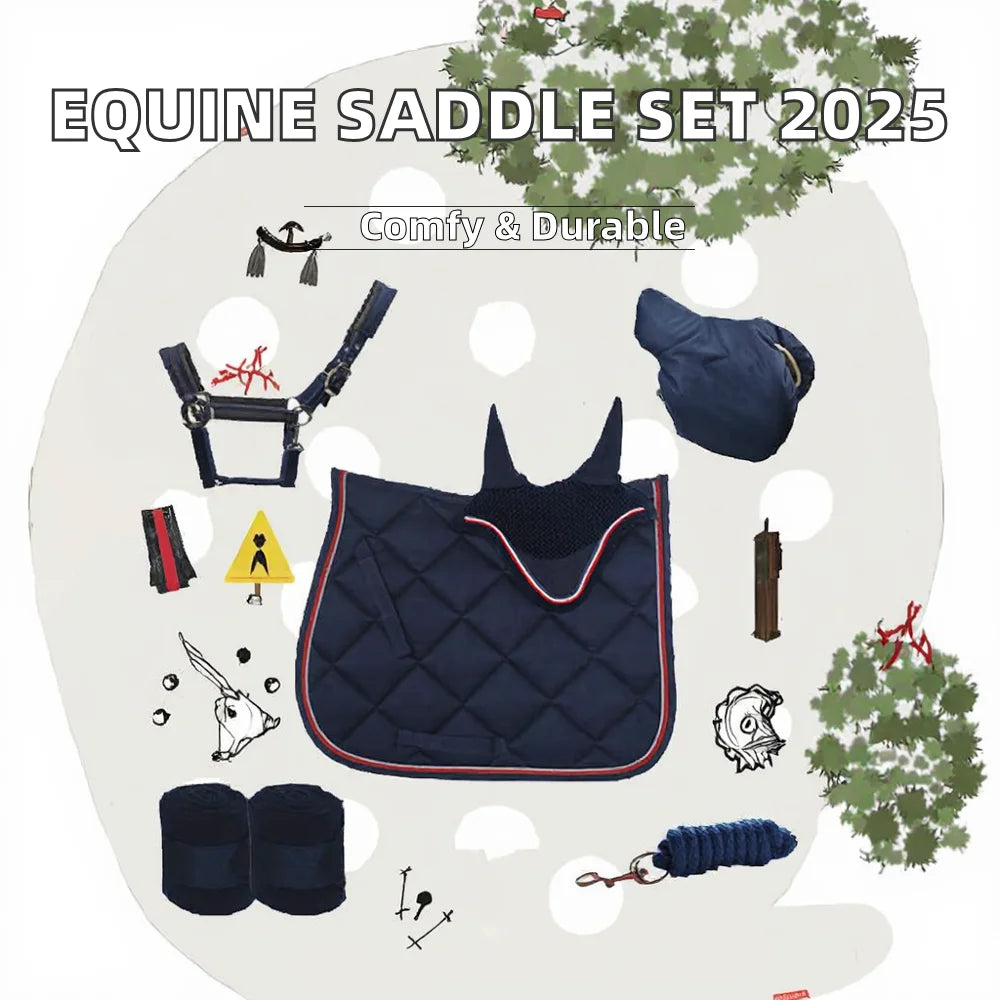 2025 Set of Sublimation Equine Dressage Saddle Pads Numnah Horse Saddle Bag Halter Bandages Lead Rope Crochet Fly Veil