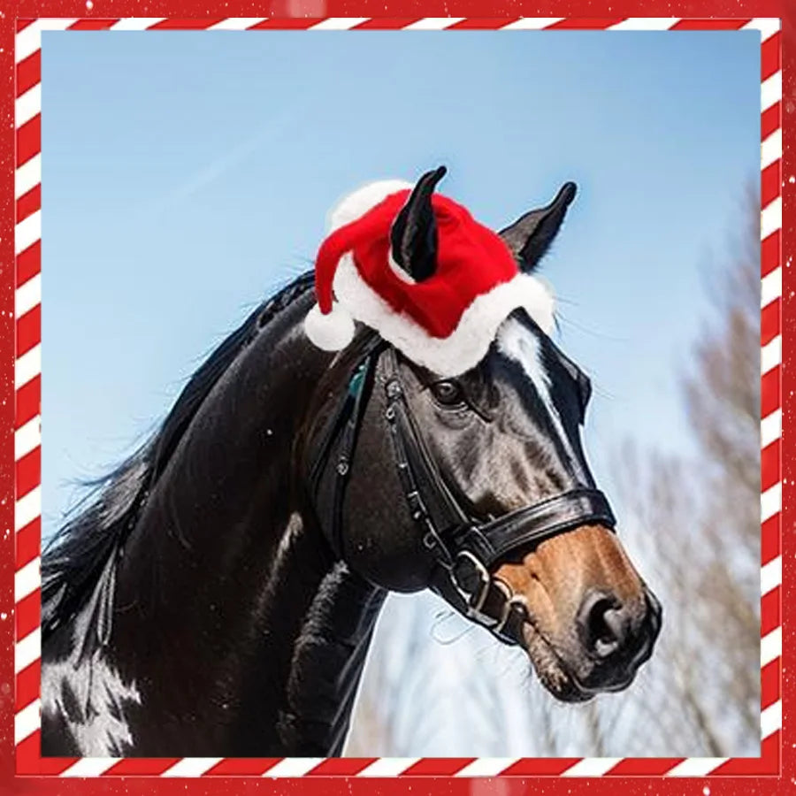 Manufacturer's One-Size-Fits-All Christmas Horse Hat Ready-Made Soft Velvet Edge Easy-To-Wear Red for All Horses
