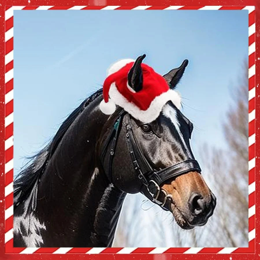 Manufacturer's One-Size-Fits-All Christmas Horse Hat Ready-Made Soft Velvet Edge Easy-To-Wear Red for All Horses