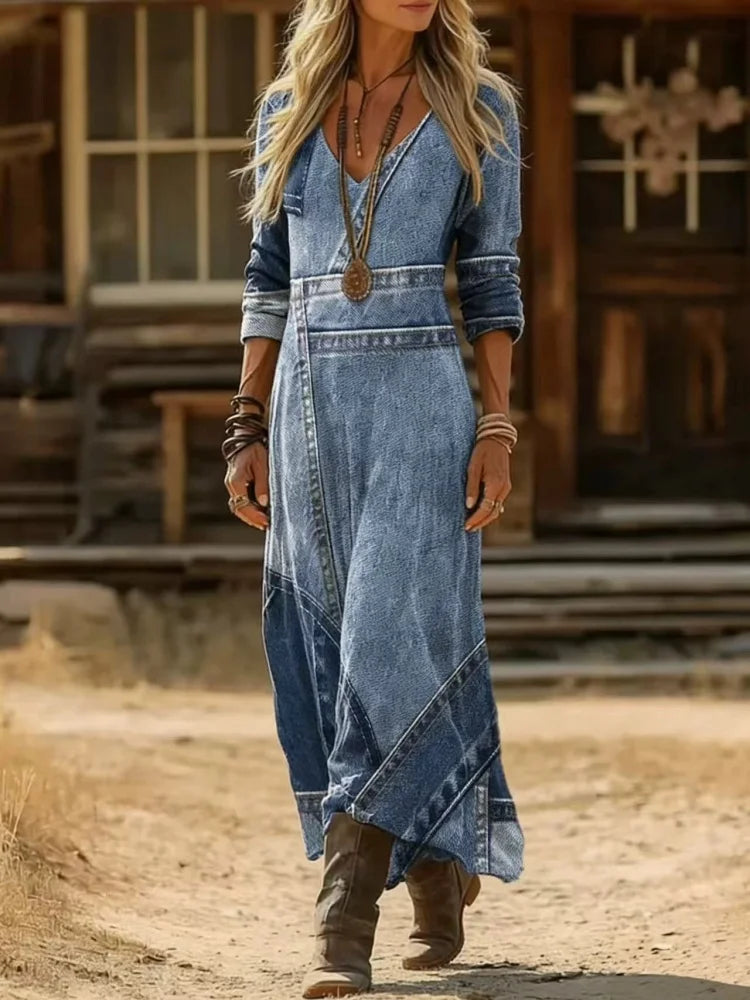 Women's Western-Style Printed Gradient Dress with V-Neck, Waist-Cinching, Slimming, Vintage-Style Long Dress, Suitable for Parties, Casual Dresses