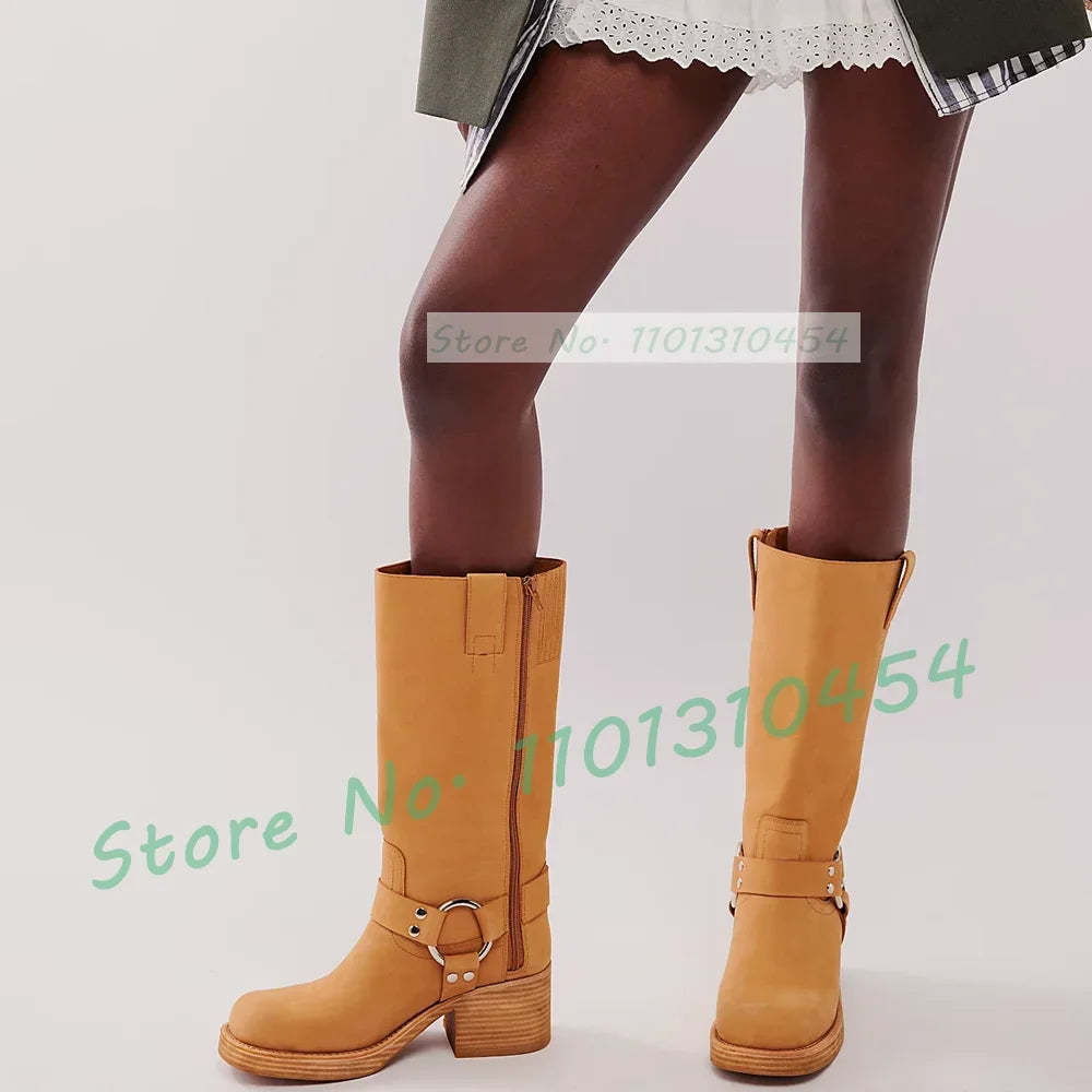 Harness Western Knee High Boots With Wood Chunky Heel Women Square Toe Riding Shoes Outfit Lady Trendy Party Solid Buckle Boots