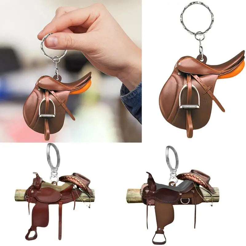 Horse Saddle Ornament Riding Horse Keychain Flat Acrylic Horse Lover Saddle Cowboy Cowgirl Car Rear View Mirror Accessories Car