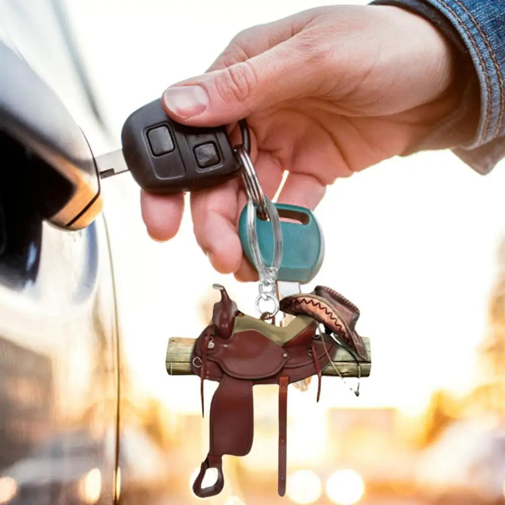 Horse Saddle Ornament Riding Horse Keychain Flat Acrylic Horse Lover Saddle Cowboy Cowgirl Car Rear View Mirror Accessories Car