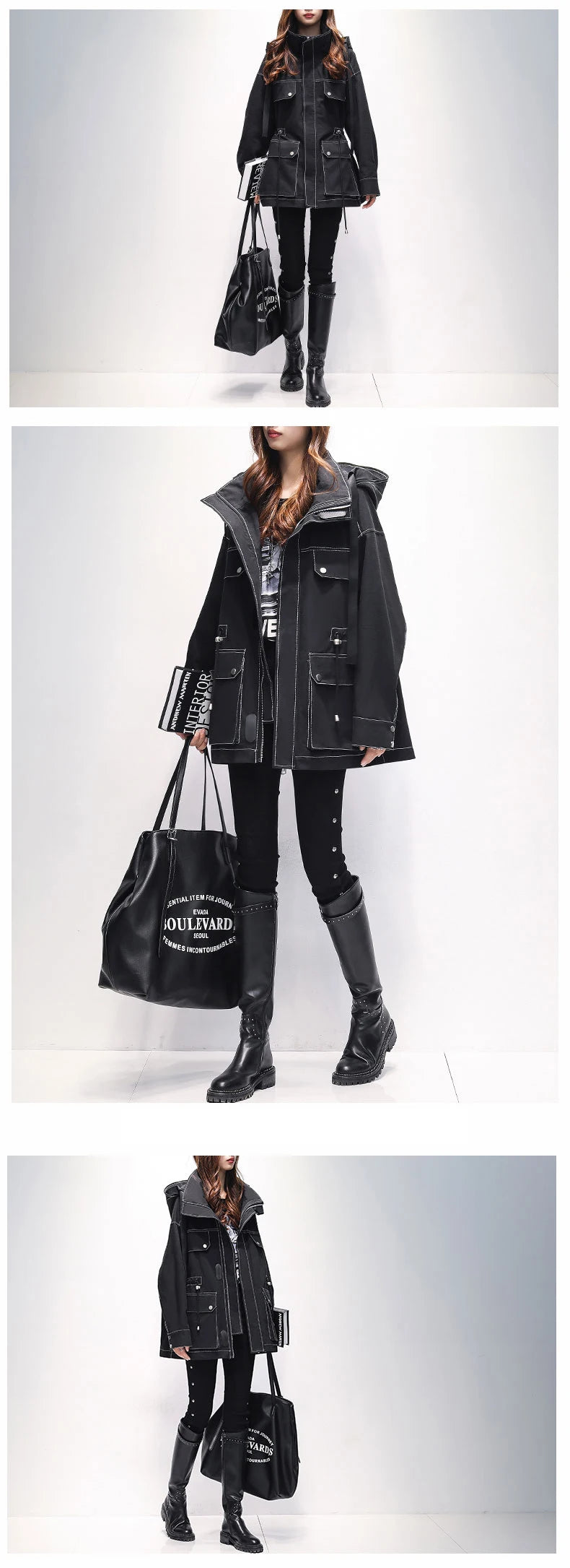 Lautaro Autumn Oversized Red Black Waterproof Windbreaker Women with Hood Many Pockets Zip Up Safari Style Cool Cargo Coat 2022