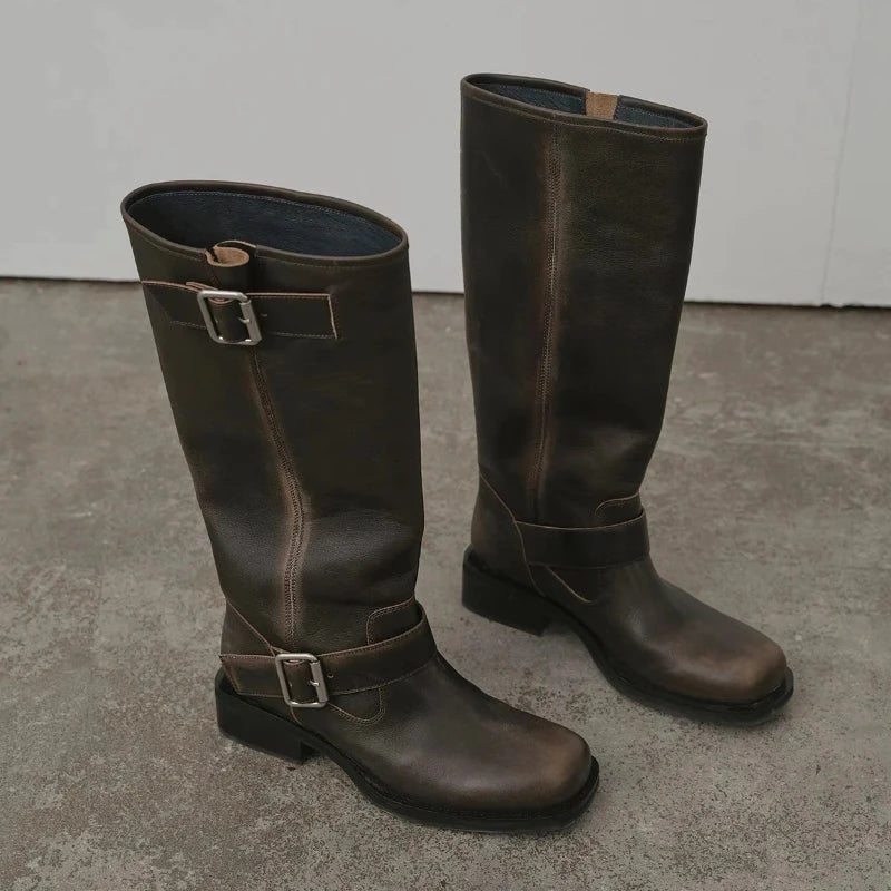 Women's High Boots 2025 New Retro Brown Western Cowhide Boots Gothic Square Toe Wide-leg Women's Long Boots
