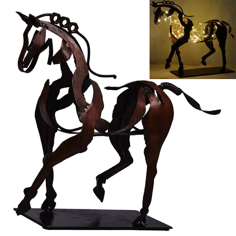 Home Handicrafts Metal Horse Statue With LED Light Decoration Retro Rustic Openwork Figurine Office Desk Horse Sculpture Gift