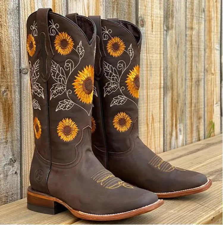 Western Cowboy Women Boots Coarse High Heel Embroidered Boot Ladies Toe Knee High Boots Shoes Suede Shoes Women's Boots