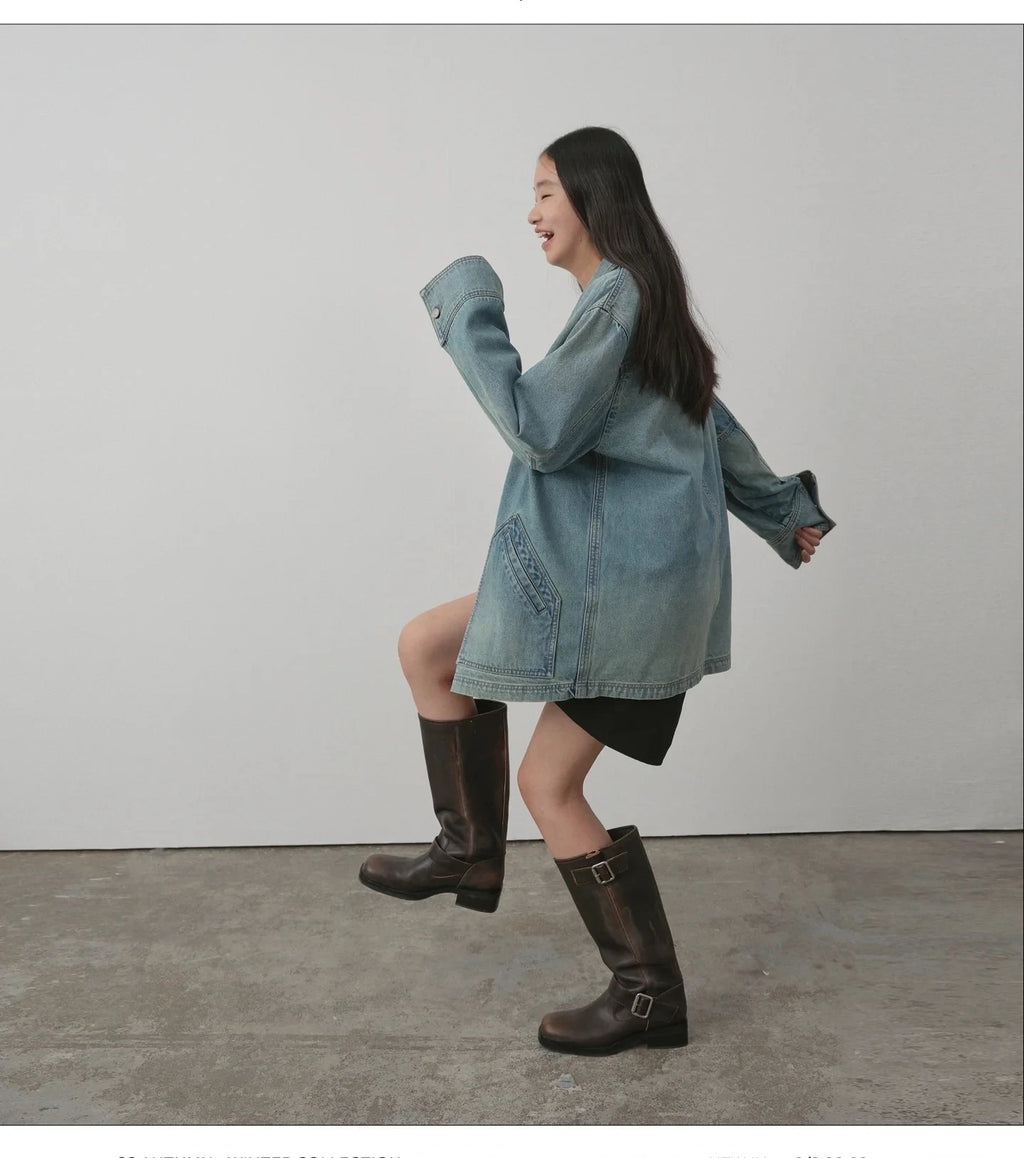 Women's High Boots 2025 New Retro Brown Western Cowhide Boots Gothic Square Toe Wide-leg Women's Long Boots