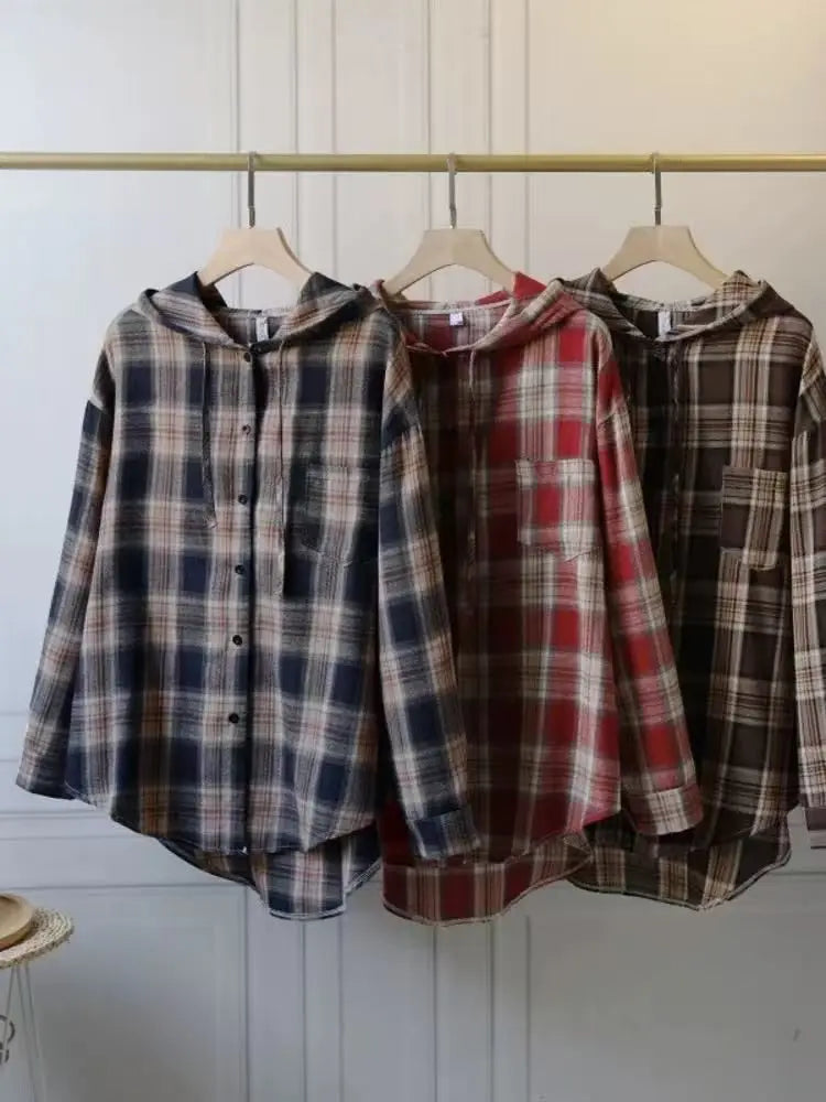 Loose Long Sleeve Plaid Shirt Women's Spring Autumn New Korean Style Lazy Fashion Casual Outerwear Cotton Polyester Blend