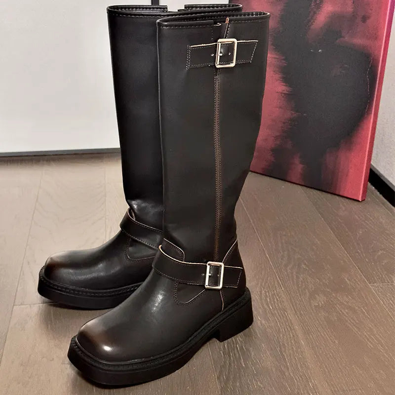 Women's High Boots 2025 New Retro Brown Western Cowhide Boots Gothic Square Toe Wide-leg Women's Long Boots