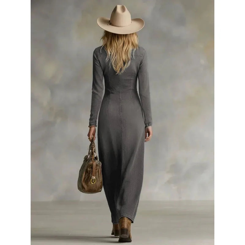 Women's Vintage Washed Denim Maxi Dress Boho Long Sleeve V-Neck Button Front Split Hem Casual Western Style Jean Dress