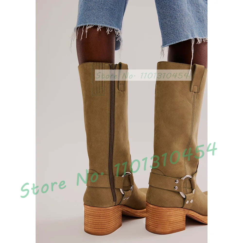 Harness Western Knee High Boots With Wood Chunky Heel Women Square Toe Riding Shoes Outfit Lady Trendy Party Solid Buckle Boots