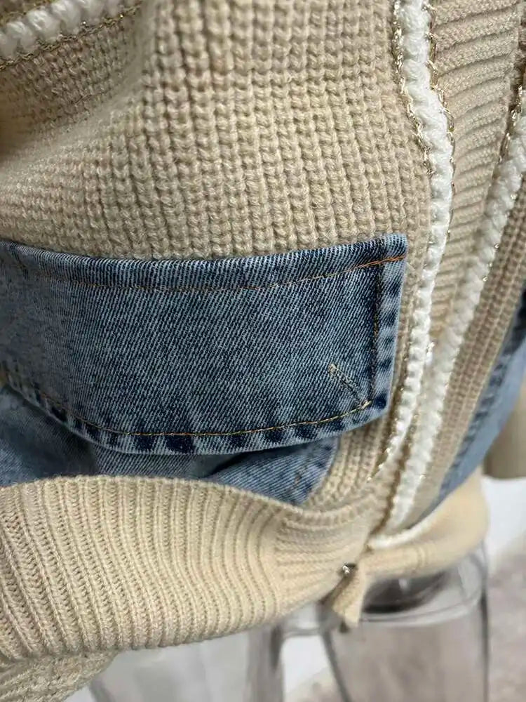 DEAT 2024 New Autumn Fashion Women's Cardigan Loose V-neck Denim Pockets Pearls Buttons Long Sleeve Knitted Sweaters 29L8715