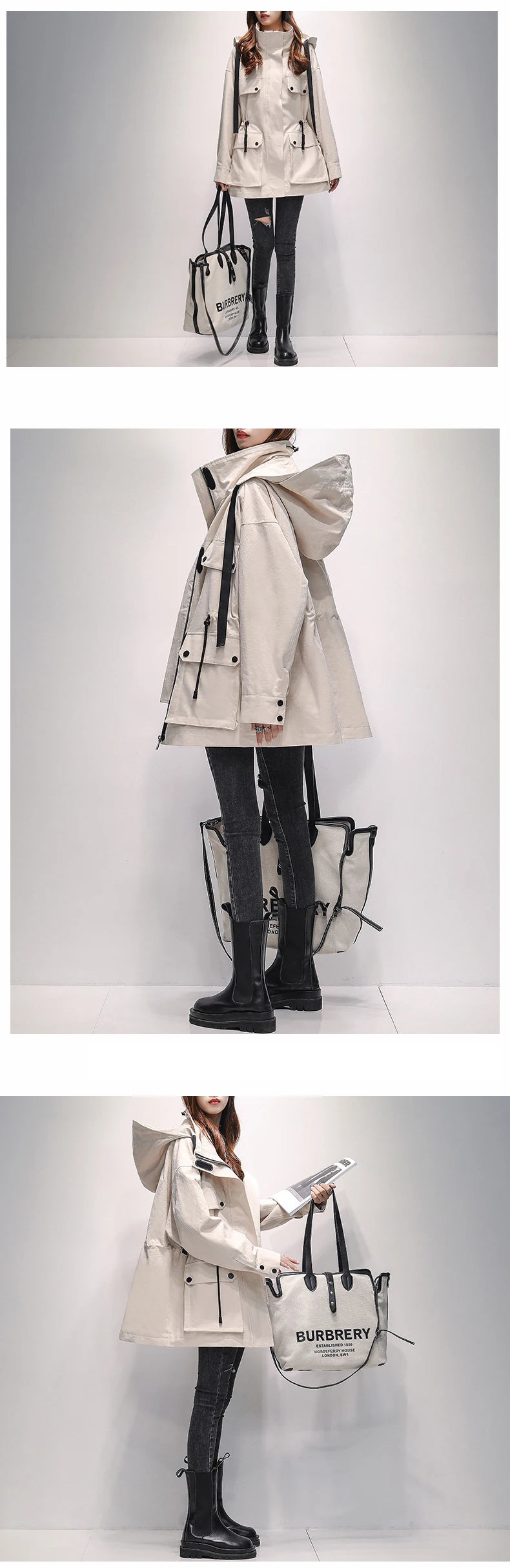 Lautaro Autumn Oversized Red Black Waterproof Windbreaker Women with Hood Many Pockets Zip Up Safari Style Cool Cargo Coat 2022