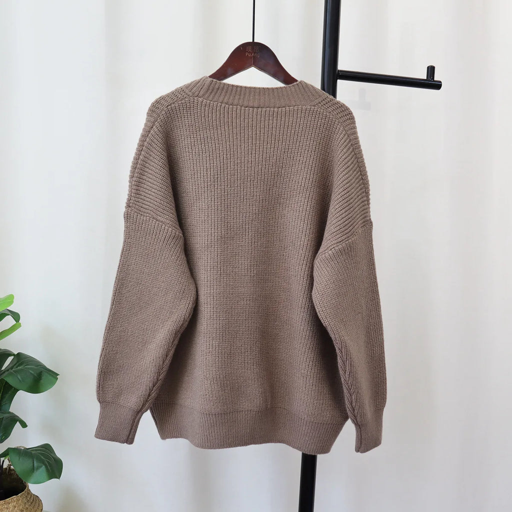 DEAT 2024 New Autumn Fashion Women's Cardigan Loose V-neck Denim Pockets Pearls Buttons Long Sleeve Knitted Sweaters 29L8715