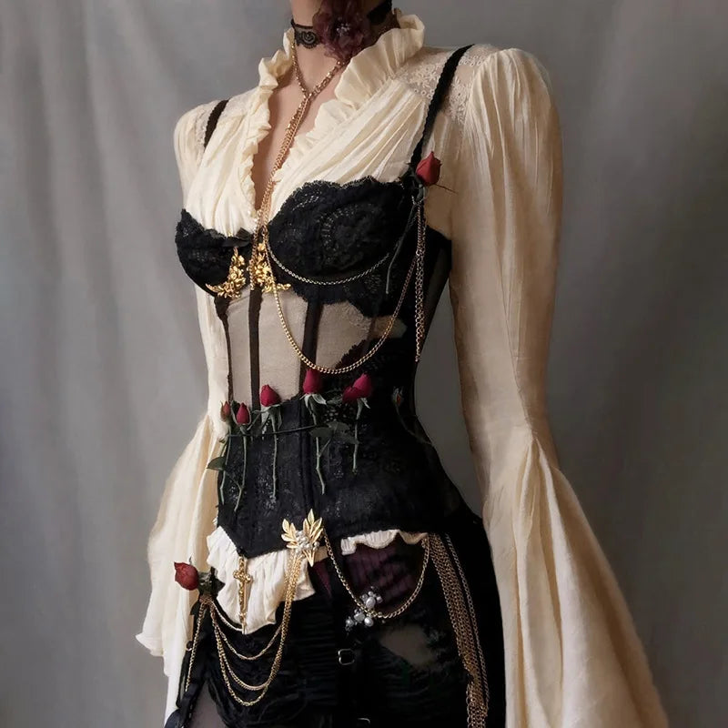 Dark Style Y2k V-neck Long Sleeved Top 2025 New Gothic Fashion Retro Shirt Women Palace Style Elegant Ruched Solid Party Clothes