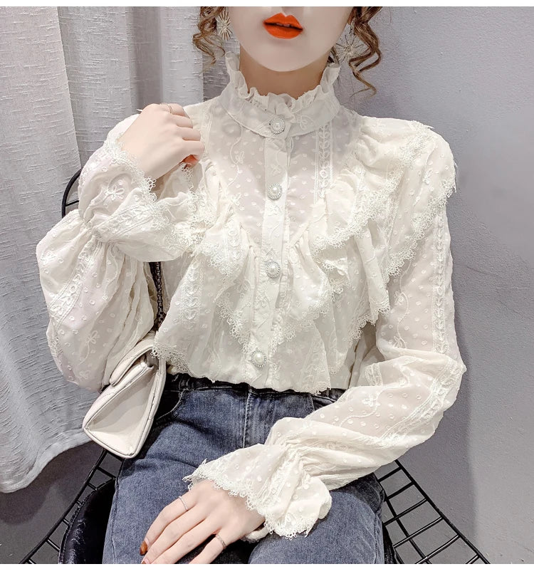 Korean Style Ruffle Stitching Lace Blouse Fashion Long Sleeve Loose Chiffon Shirt Elegant Stand Collar Pleated Tops Blusas 15832