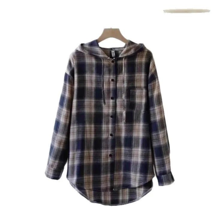 Loose Long Sleeve Plaid Shirt Women's Spring Autumn New Korean Style Lazy Fashion Casual Outerwear Cotton Polyester Blend