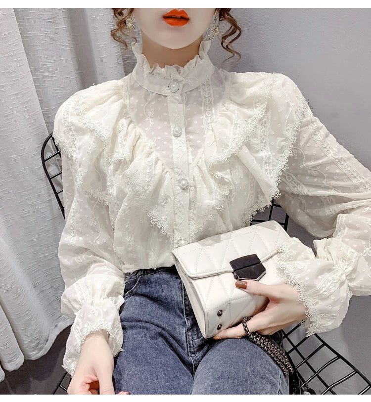Korean Style Ruffle Stitching Lace Blouse Fashion Long Sleeve Loose Chiffon Shirt Elegant Stand Collar Pleated Tops Blusas 15832