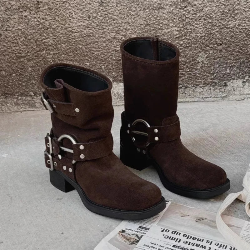 Women's High Boots 2025 New Retro Brown Western Cowhide Boots Gothic Square Toe Wide-leg Women's Long Boots