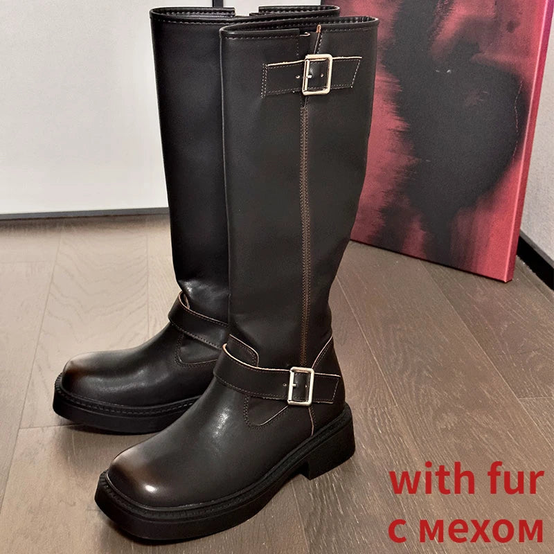 Women's High Boots 2025 New Retro Brown Western Cowhide Boots Gothic Square Toe Wide-leg Women's Long Boots