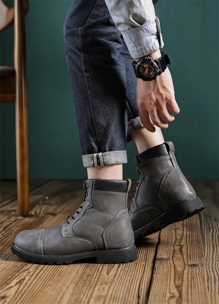 British Retro Men's High-Top Leather Cowboy Boots Lace-Up Comfortable Breathable Equestrian Casual Shoes Premium Quality Fashion