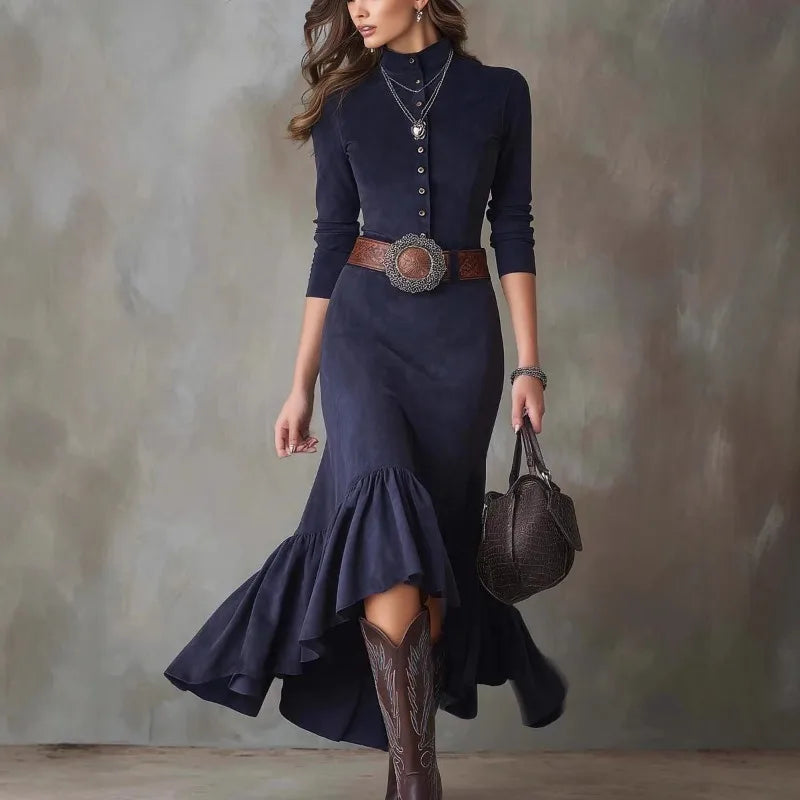 Vintage Western Style Dress Button Temperament High Neck Suede Slim Fit Irregular Hem Long Skirt with Belt