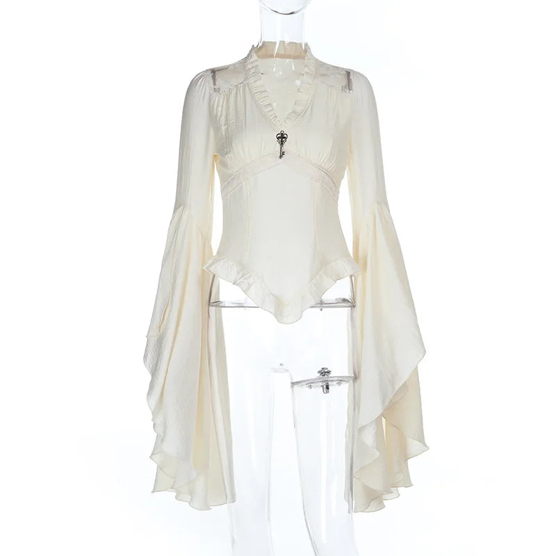 Dark Style Y2k V-neck Long Sleeved Top 2025 New Gothic Fashion Retro Shirt Women Palace Style Elegant Ruched Solid Party Clothes