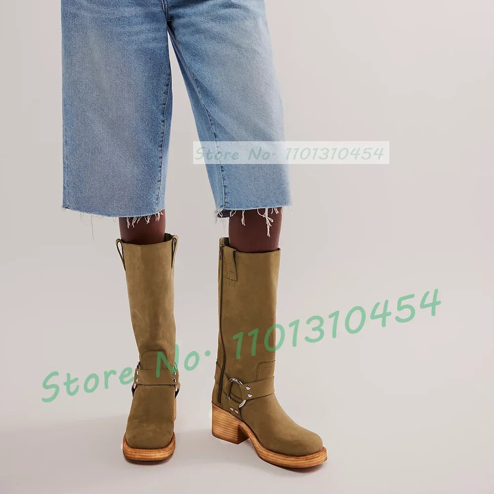 Harness Western Knee High Boots With Wood Chunky Heel Women Square Toe Riding Shoes Outfit Lady Trendy Party Solid Buckle Boots