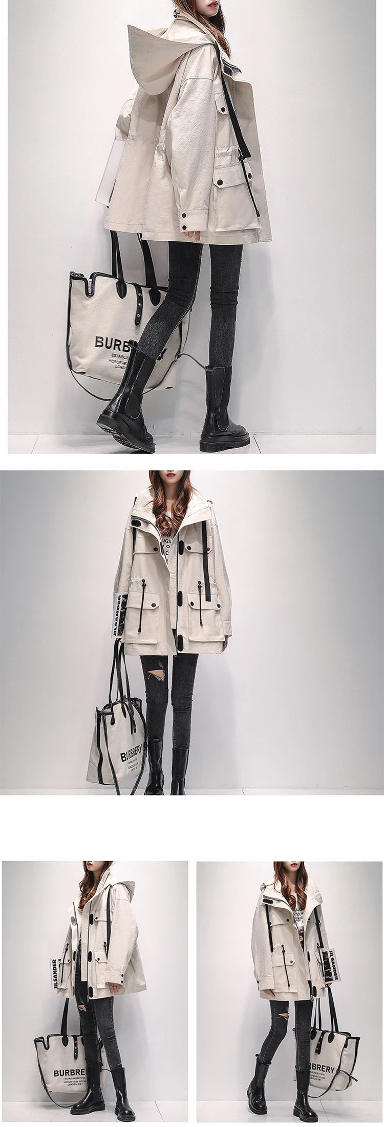 Lautaro Autumn Oversized Red Black Waterproof Windbreaker Women with Hood Many Pockets Zip Up Safari Style Cool Cargo Coat 2022