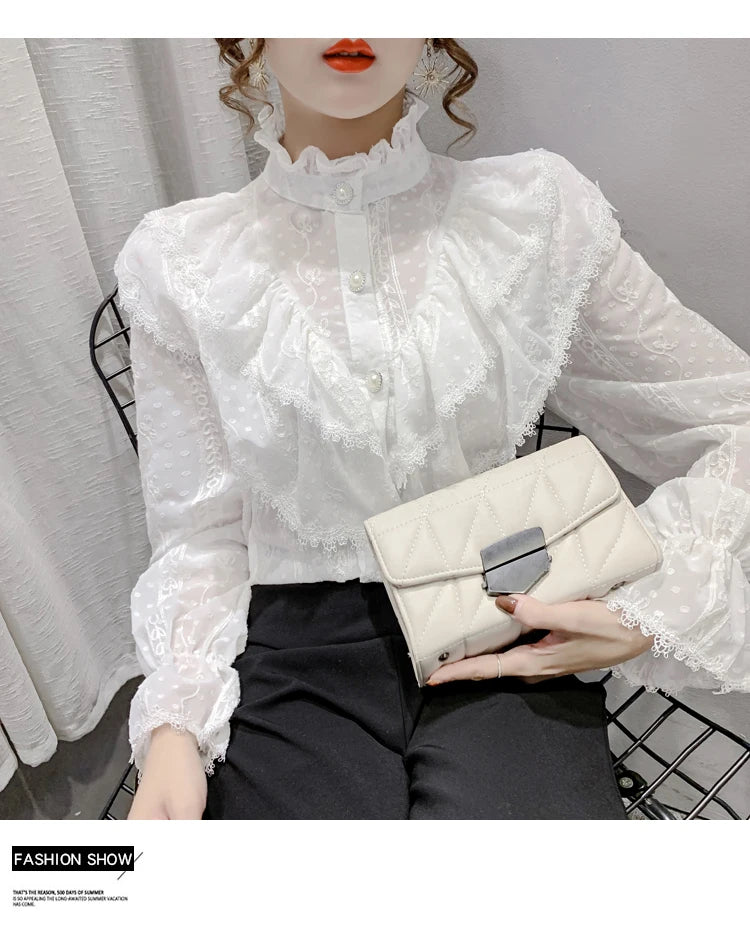 Korean Style Ruffle Stitching Lace Blouse Fashion Long Sleeve Loose Chiffon Shirt Elegant Stand Collar Pleated Tops Blusas 15832