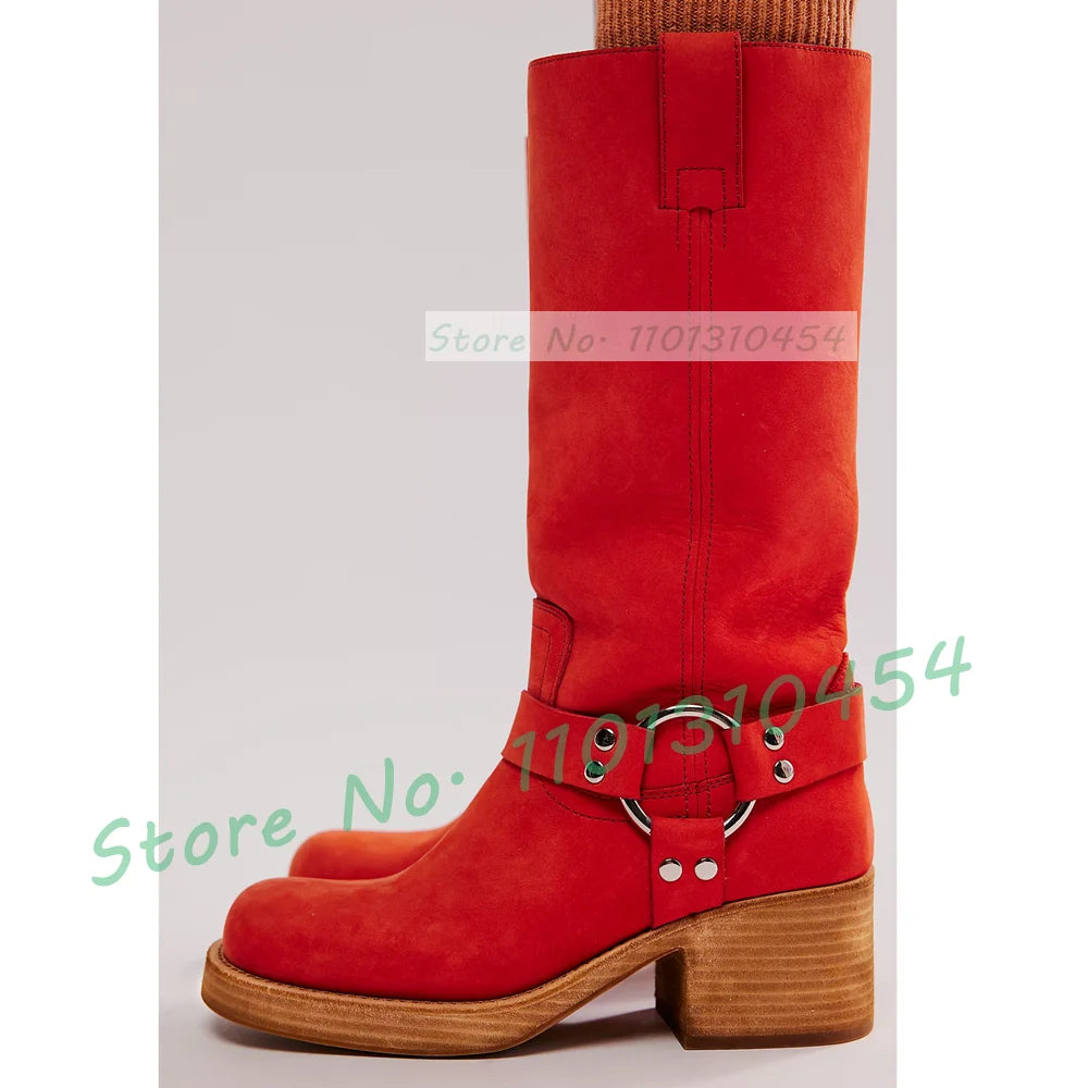 Harness Western Knee High Boots With Wood Chunky Heel Women Square Toe Riding Shoes Outfit Lady Trendy Party Solid Buckle Boots