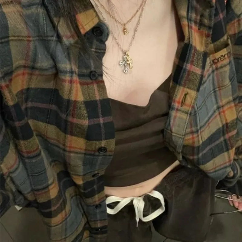 Deeptown Y2k Vintage Plaid Women Shirts Long Sleeve Oversized Blouse Korean Fashion Basic Chic Retro Casual Summer Streetwear