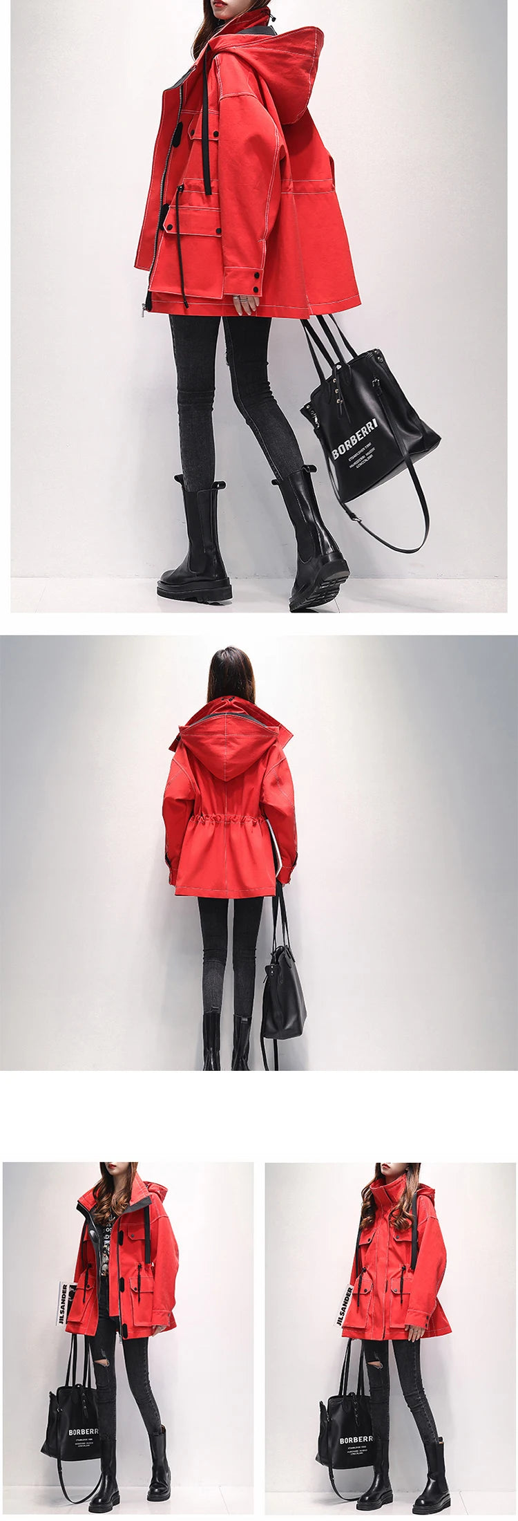 Lautaro Autumn Oversized Red Black Waterproof Windbreaker Women with Hood Many Pockets Zip Up Safari Style Cool Cargo Coat 2022