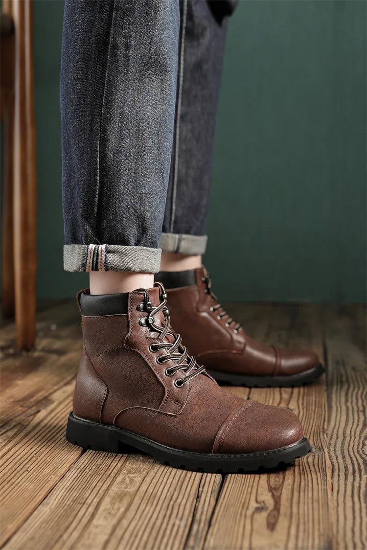 British Retro Men's High-Top Leather Cowboy Boots Lace-Up Comfortable Breathable Equestrian Casual Shoes Premium Quality Fashion