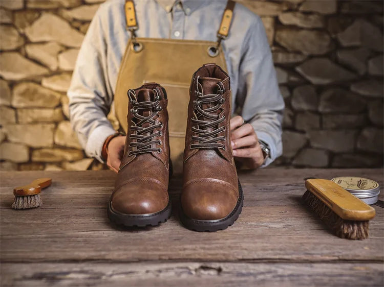 British Retro Men's High-Top Leather Cowboy Boots Lace-Up Comfortable Breathable Equestrian Casual Shoes Premium Quality Fashion