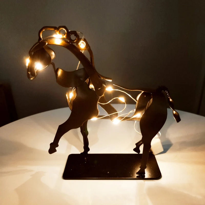 Home Handicrafts Metal Horse Statue With LED Light Decoration Retro Rustic Openwork Figurine Office Desk Horse Sculpture Gift