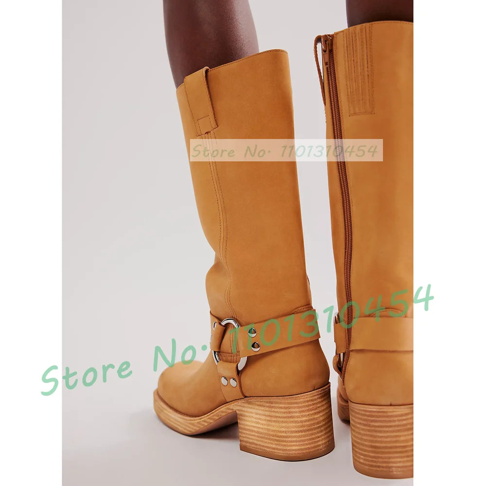 Harness Western Knee High Boots With Wood Chunky Heel Women Square Toe Riding Shoes Outfit Lady Trendy Party Solid Buckle Boots